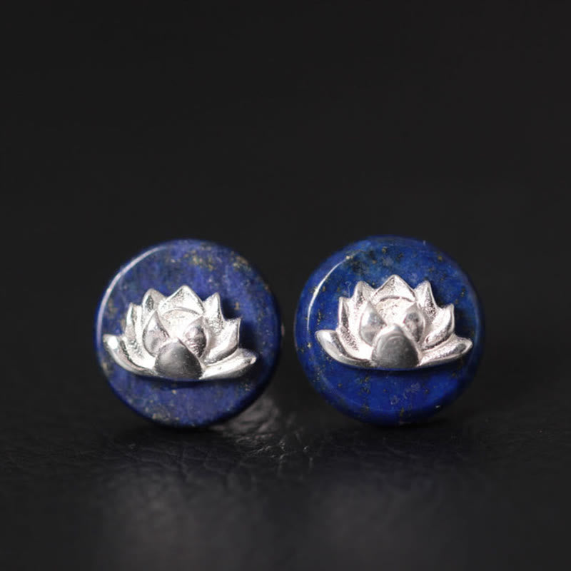 Buddha Stones Lazurite 925 Sterling Silver Lotus Pattern Enlightenment Earrings - Lazurite Lotus(925 Sterling Silver Posts) - image 0
