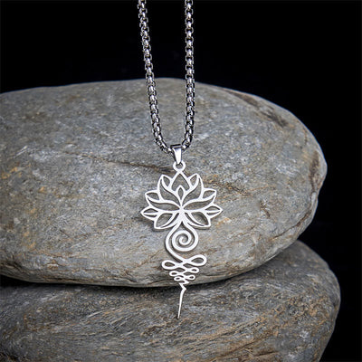 Buddha Stones Lotus Unalome Chakra Symbol Design Stainless Steel Enlightenment Necklace Pendant - Silver - image 0