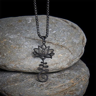 Buddha Stones Chakra Symbol Irregular Design Lotus Stainless Steel Enlightenment Necklace Pendant - Black - image 13