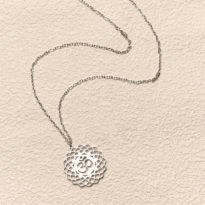 Buddha Stones Hollow Lotus Design Om Symbol Stainless Steel Connection Necklace Pendant - image 12