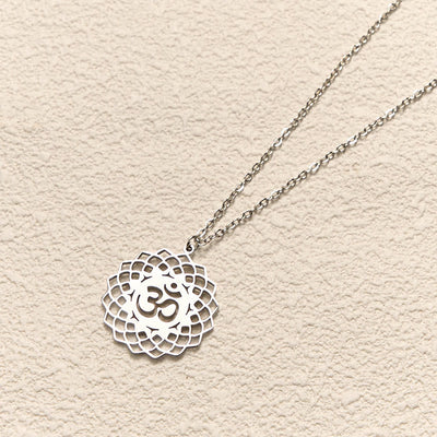 Buddha Stones Hollow Lotus Design Om Symbol Stainless Steel Connection Necklace Pendant - image 11