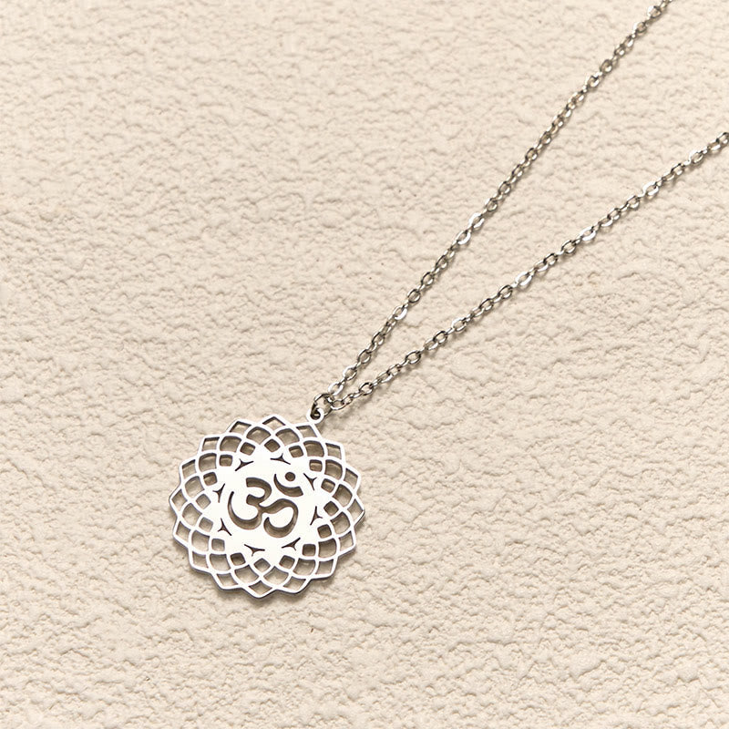 Buddha Stones Hollow Lotus Design Om Symbol Stainless Steel Connection Necklace Pendant - image 11
