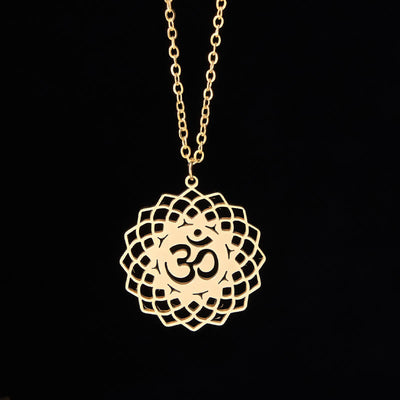 Buddha Stones Hollow Lotus Design Om Symbol Stainless Steel Connection Necklace Pendant - image 2