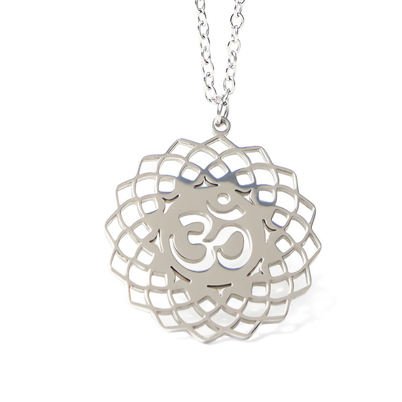 Buddha Stones Hollow Lotus Design Om Symbol Stainless Steel Connection Necklace Pendant - image 14