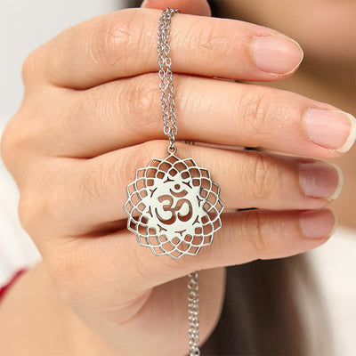 Buddha Stones Hollow Lotus Design Om Symbol Stainless Steel Connection Necklace Pendant - image 13
