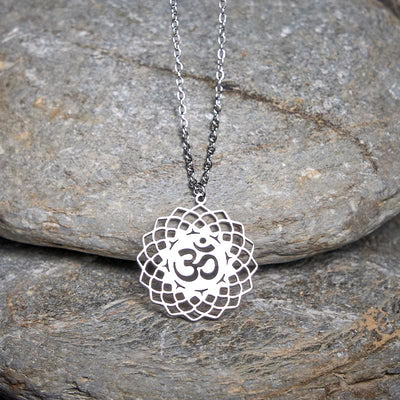 Buddha Stones Hollow Lotus Design Om Symbol Stainless Steel Connection Necklace Pendant - Silver - image 9