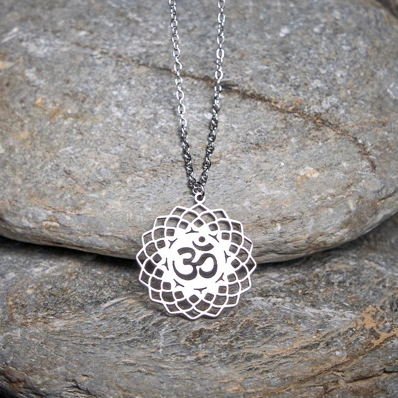 Buddha Stones Hollow Lotus Design Om Symbol Stainless Steel Connection Necklace Pendant - Silver - image 9