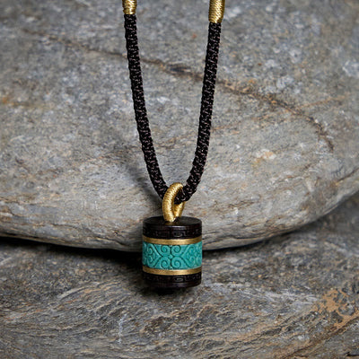 Buddha Stones Ebony Wood Turquoise Cylinder Peace Necklace Pendant - image 1