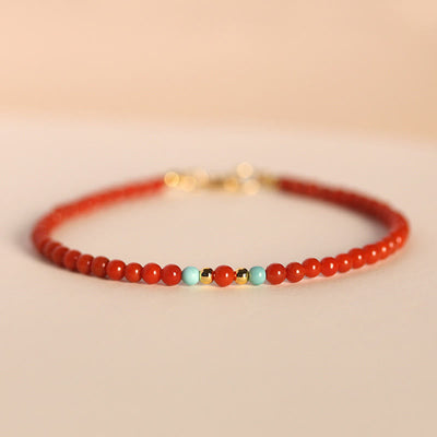 Buddha Stones 3mm Natural South Red Agate Ultra-thin Beads Positive Bracelet - 3mm South Red Agate & Turquoise(Wrist Circumference:14-17cm) - image 0