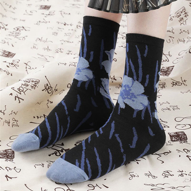 Buddha Stones Chinese Calligraphy Floral Design Micro Crew Women Cotton Socks - image 18