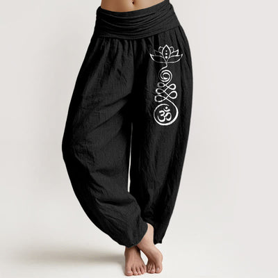 Buddha Stones Plain Lotus Om Pattern Women's Elastic Waist Harem Cotton Pants - Black - US22，UK/AU26，EU54 (6XL) - image 5
