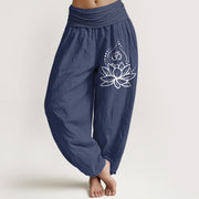 Pantalon harem pour femme Foviel en coton à taille élastique avec motif lotus en fleur et symbole Om