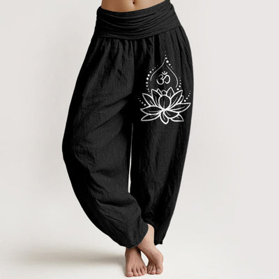 Buddha Stones Blooming Lotus Om Symbol Pattern Women's Elastic Waist Harem Cotton Pants - Black - US22，UK/AU26，EU54 (6XL) - image 5