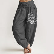 Foviel Blooming Lotus Om Symbol Pattern Women's Elastic Waist Harem Cotton Pants