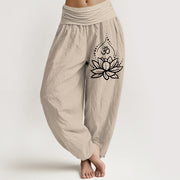 Foviel Blooming Lotus Om Symbol Pattern Women's Elastic Waist Harem Cotton Pants