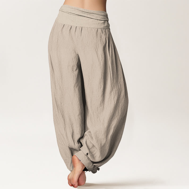 Buddha Stones Blooming Lotus Om Symbol Pattern Women's Elastic Waist Harem Cotton Pants - image 12