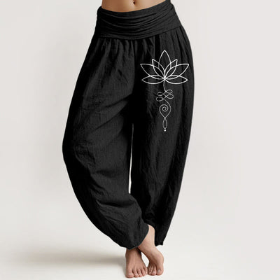 Buddha Stones Lotus Unalome Symbol Pattern Women's Elastic Waist Harem Pure Cotton Pants - Black - US22，UK/AU26，EU54 (6XL) - image 5