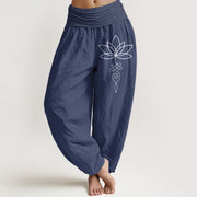 Foviel Lotus Unalome Symbol Muster Damen elastische Taille Harem reine Baumwolle Hose