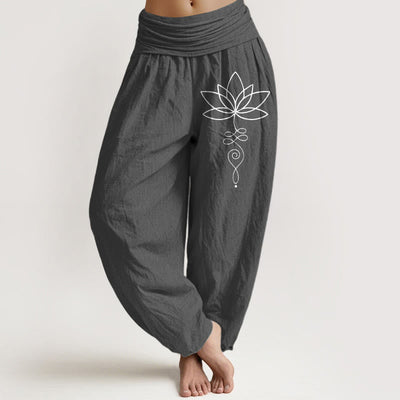 Buddha Stones Lotus Unalome Symbol Pattern Women's Elastic Waist Harem Pure Cotton Pants - DimGray - US22，UK/AU26，EU54 (6XL) - image 11
