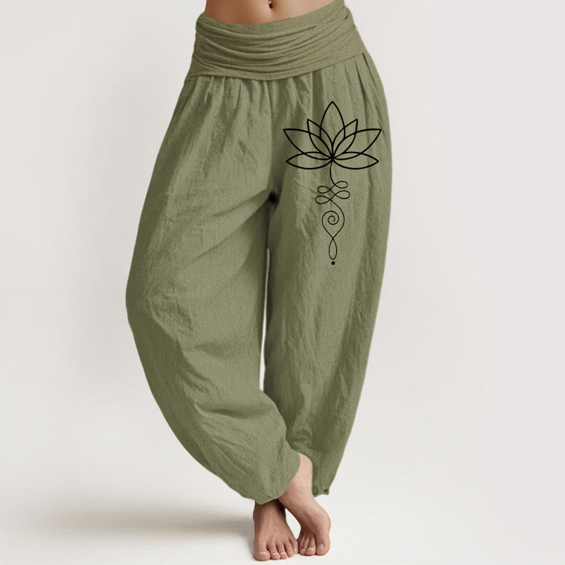 Buddha Stones Lotus Unalome Symbol Pattern Women's Elastic Waist Harem Pure Cotton Pants - OliveDrab - US22，UK/AU26，EU54 (6XL) - image 14