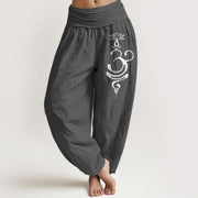 Foviel Lotus Flower Unalome Symbol Pattern Pure Cotton Women's Elastic Waist Harem Pants
