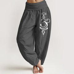 Buddha Stones Lotus Flower Unalome Symbol Pattern Pure Cotton Women's Elastic Waist Harem Pants - DimGray - US22，UK/AU26，EU54 (6XL) - image 0