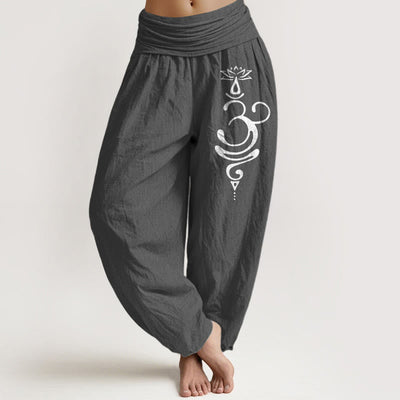 Buddha Stones Lotus Flower Unalome Symbol Pattern Pure Cotton Women's Elastic Waist Harem Pants - DimGray - US22，UK/AU26，EU54 (6XL) - image 0