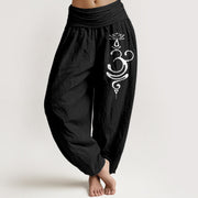 Foviel Lotus Flower Unalome Symbol Pattern Pure Cotton Women's Elastic Waist Harem Pants