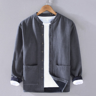 Buddha Stones Men's Stnad Collar Long Sleeve Thermal Fleece-lined Ramie Cotton Jacket With Pockets - LightSlateGray - US/UK/AU42，EU52 (3XL) - image 2