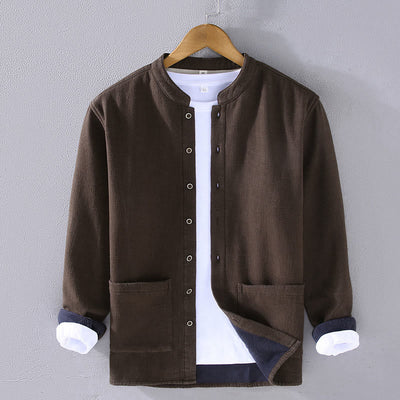 Buddha Stones Men's Stnad Collar Long Sleeve Thermal Fleece-lined Ramie Cotton Jacket With Pockets - SaddleBrown - US/UK/AU42，EU52 (3XL) - image 0