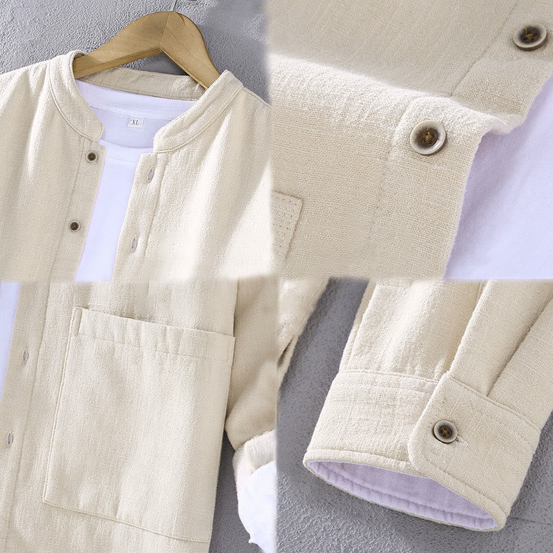 Buddha Stones Men's Stnad Collar Long Sleeve Thermal Fleece-lined Ramie Cotton Jacket With Pockets - image 15