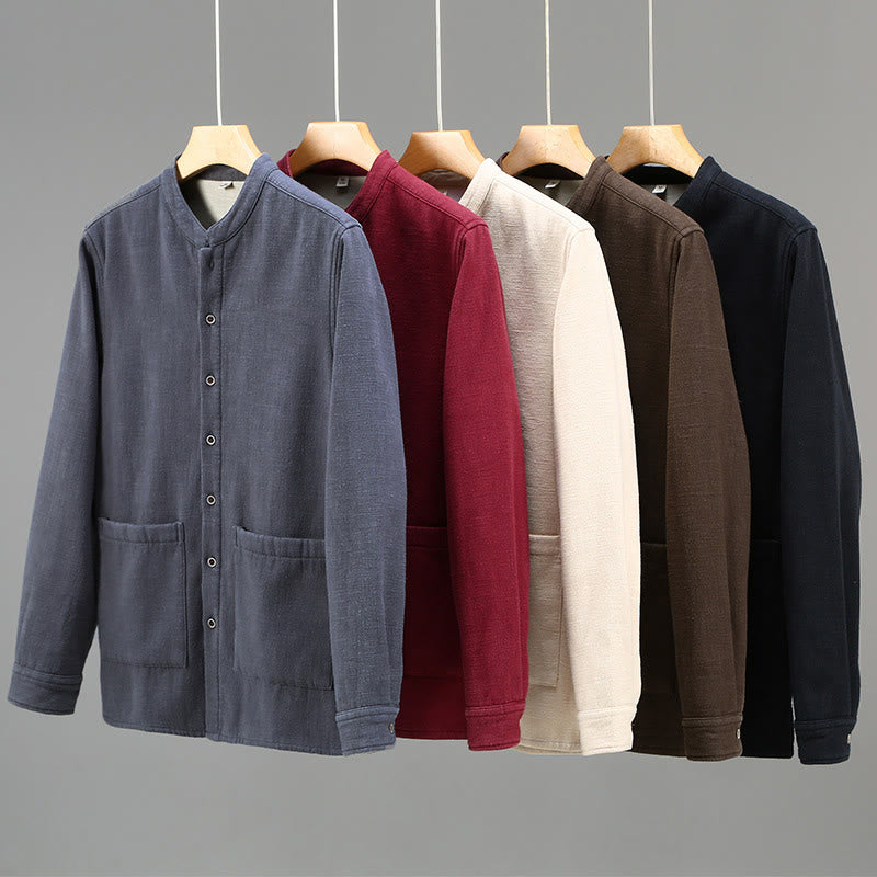 Buddha Stones Men's Stnad Collar Long Sleeve Thermal Fleece-lined Ramie Cotton Jacket With Pockets - image 17