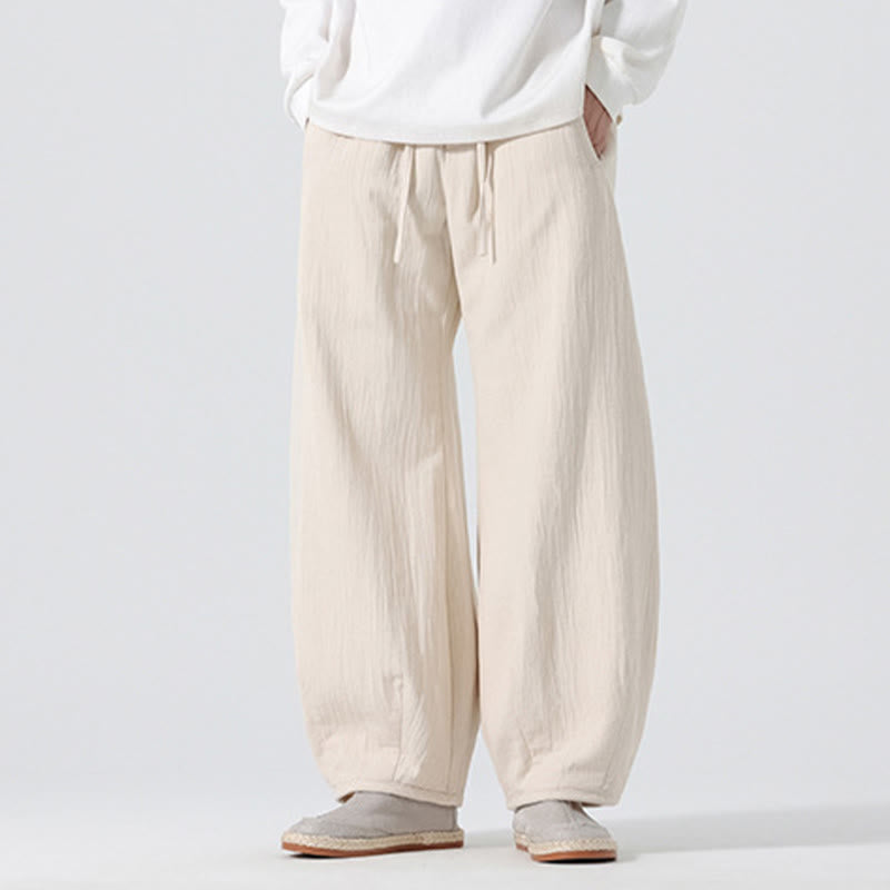 Buddha Stones Daily Drawstring Chinese Zen Style Men's Wide Leg Pure Pants With Pockets - image 3