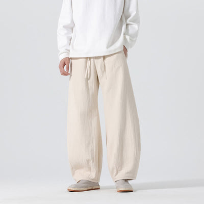 Buddha Stones Daily Drawstring Chinese Zen Style Men's Wide Leg Pure Pants With Pockets - image 4
