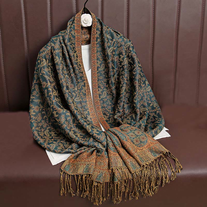 Buddha Stones Tibetan Jacquard Paisley Flower Pattern Color Contrast Design Tassel Cozy Scarf Shawl - SeaGreen - image 0