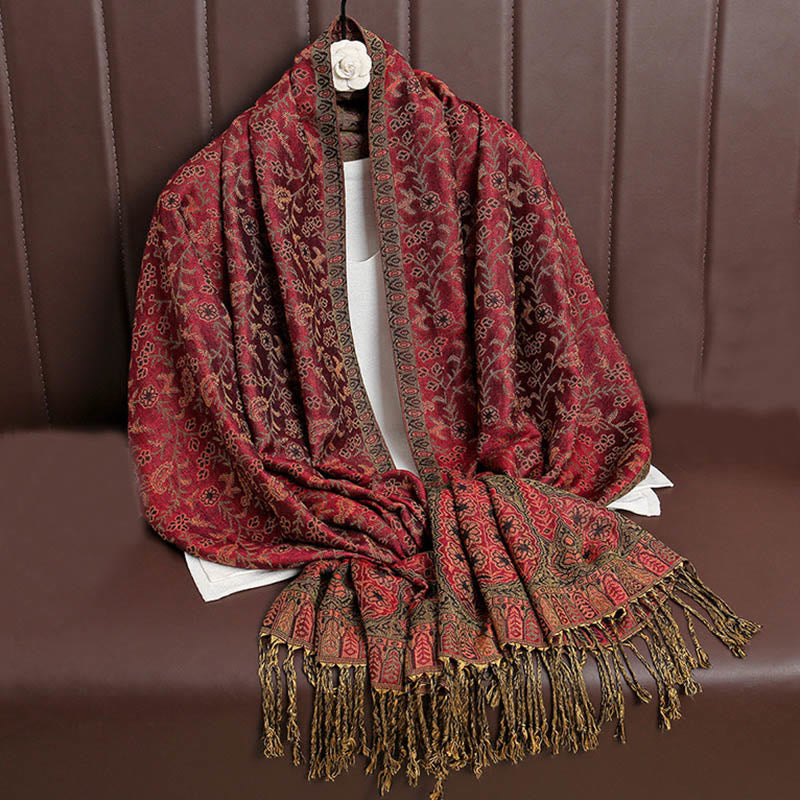 Buddha Stones Tibetan Jacquard Paisley Flower Pattern Color Contrast Design Tassel Cozy Scarf Shawl - DarkRed - image 3