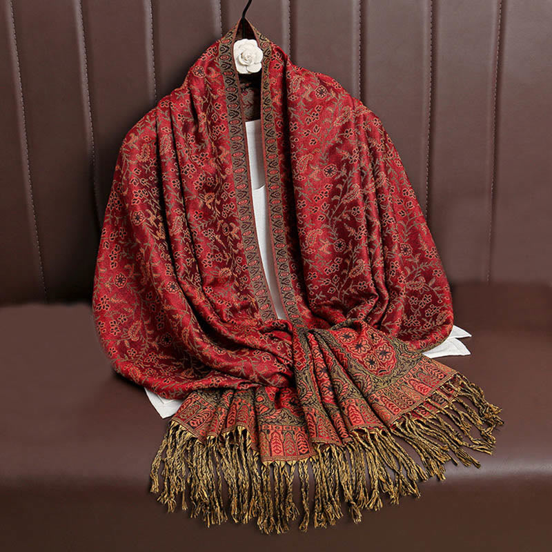 Buddha Stones Tibetan Jacquard Paisley Flower Pattern Color Contrast Design Tassel Cozy Scarf Shawl - Crimson - image 1