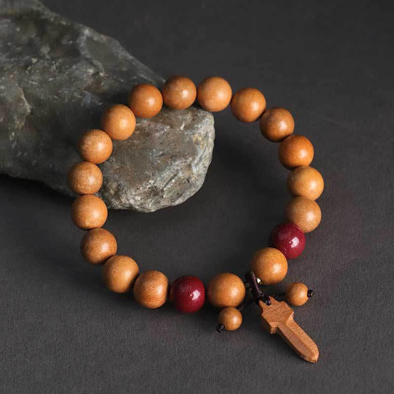 Buddha Stones Peach Wood Cinnabar Sword Charm Wealth Bracelet - 10mm Peach Wood(Wrist Circumference:14-16 cm) - image 0