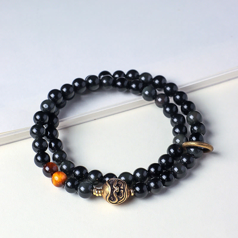 Buddha Stones Tibetan Black Obsidian Tiger Eye Copper Double Wrap Strength Bracelet - Black Obsidian(Wrist Circumference:13-15cm) - image 0