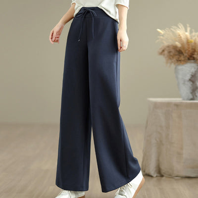Buddha Stones Plain Drawstring Cotton Polyester Women's Wide Leg Pants With Pockets - Navy - US8-10，UK/AU12-14，EU40-42 (2XL) - image 0
