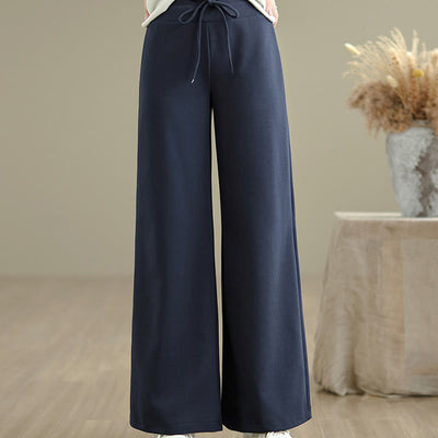 Buddha Stones Plain Drawstring Cotton Polyester Women's Wide Leg Pants With Pockets - image 1