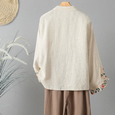 Buddha Stones Casual Women's Embroidery Long Sleeve Stand Collar Cotton Shirt - image 2