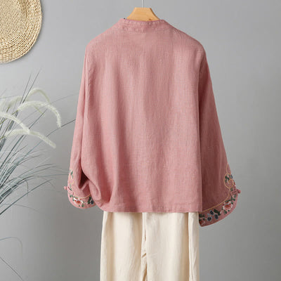 Buddha Stones Casual Women's Embroidery Long Sleeve Stand Collar Cotton Shirt - image 11