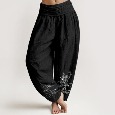 Buddha Stones Crane Flowing Water Pattern Women's Elastic Waist Harem Cotton Pants - Black - US22，UK/AU26，EU54 (6XL) - image 5