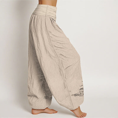 Buddha Stones Crane Flowing Water Pattern Women's Elastic Waist Harem Cotton Pants - image 12