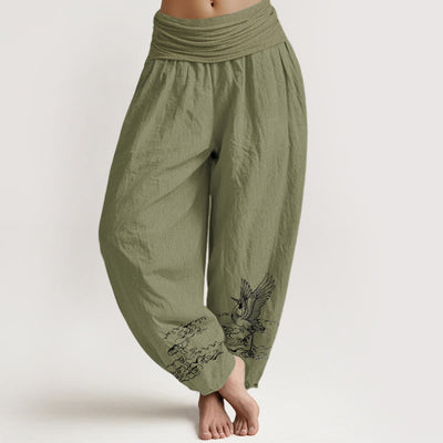 Buddha Stones Crane Flowing Water Pattern Women's Elastic Waist Harem Cotton Pants - OliveDrab - US22，UK/AU26，EU54 (6XL) - image 14