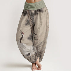 Buddha Stones Pure Cotton Casual Red-crowned Crane Pine Tree Mountain Women's Elastic Waist Harem Pants - Wheat - US22，UK/AU26，EU54 (6XL) - image 0