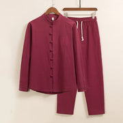 Foviel 2Pcs Plain Men's Frog-Button Long Sleeve Cotton Shirt Pants Set With Pockets