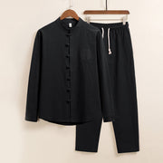 Foviel 2Pcs Plain Men's Frog-Button Long Sleeve Cotton Shirt Pants Set With Pockets