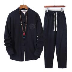 Buddha Stones 2Pcs Solid Color Men's Frog-Button Long Sleeve Cotton Shirt Pants Set With Pockets - Black - US/UK/AU46，EU56 (5XL) - image 0